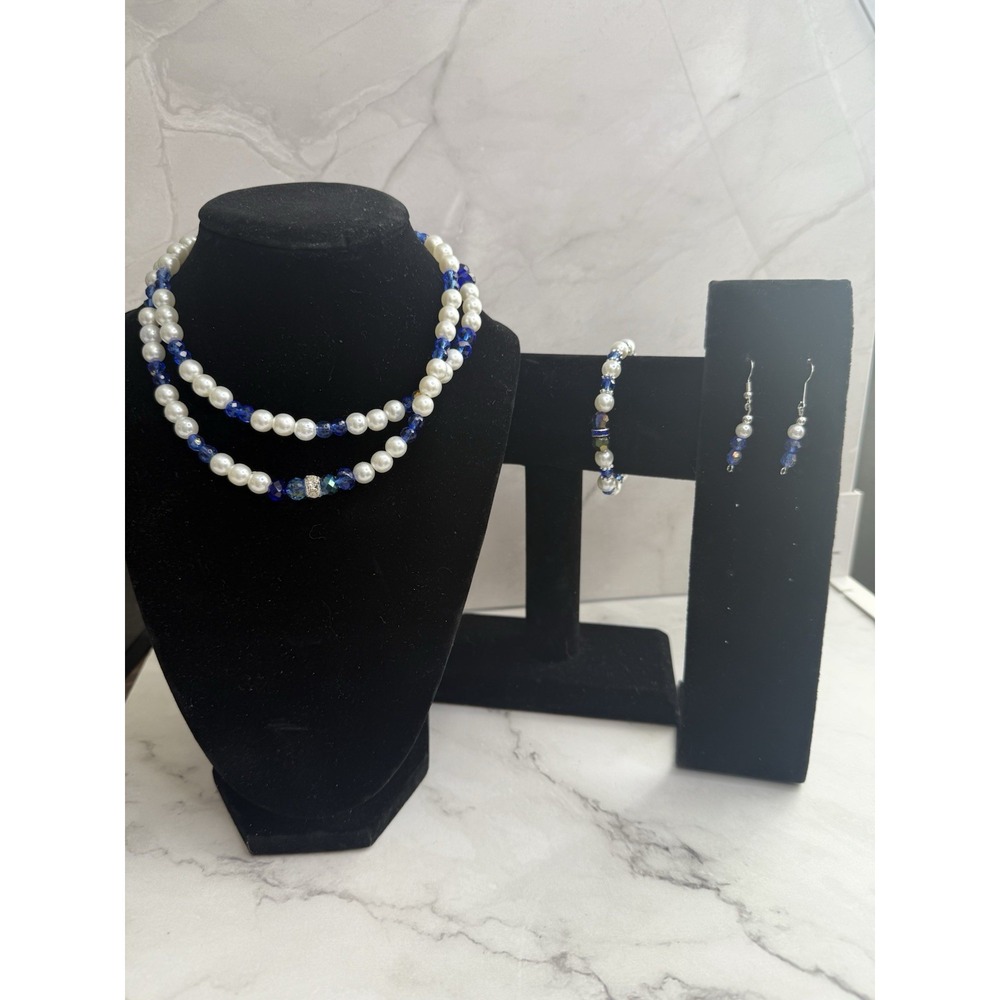 handmade Blue silver and pearl beaded necklace, earring and bracelet set